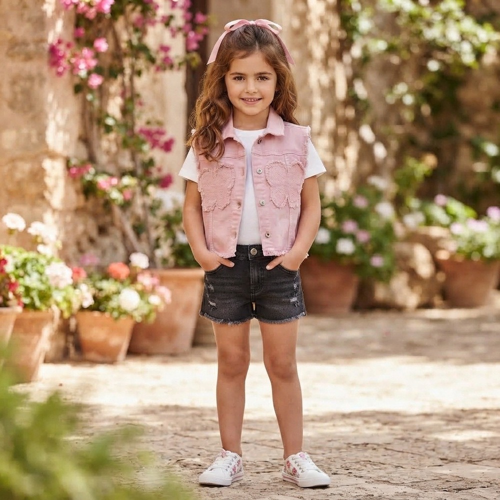 Mayoral Denim Vest Kids Size 6 Pink Excellent Butterfly Applique Frayed Hem
